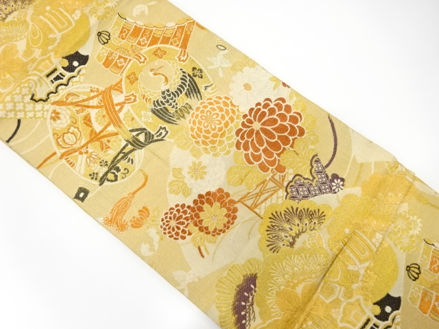 アンティーク　鼓に桧扇・花・宝尽くし模様織り出し全通袋帯（材料）